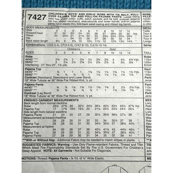 McCalls 7427 Sewing pattern Kids robe pajama top pant size 7 8 10 - Picture 4 of 6